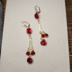 Gold with Red Rose Flowers Dangle Earrings